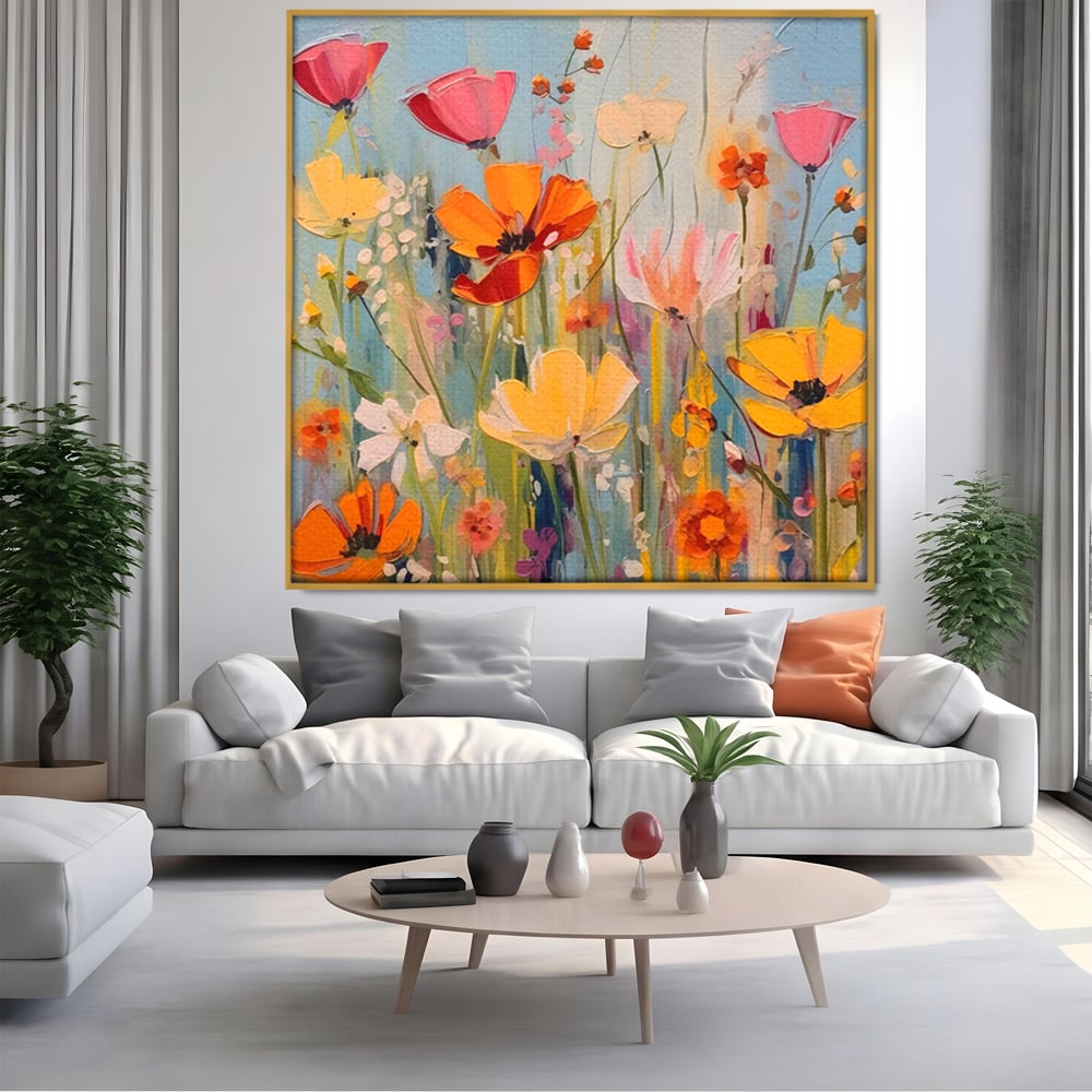 Tablou canvas cu pictura in cutit cu flori de camp, in rama de aluminiu auriu, pe perete intr-un living